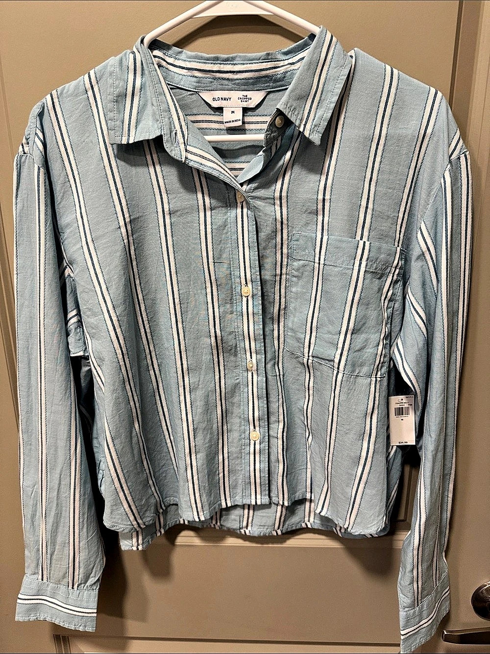 Old Navy The Cropped Shirt Striped Button Down Shirt in Blue & White Size Medium